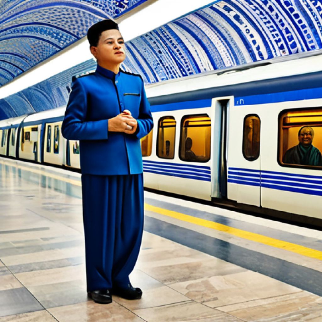 A solo adult traveler, fully clothed in modest, comfortable travel attire including a long-sleeved shirt and trousers, stands on a platform in the stunning Kosmonavtlar Metro Station in Tashkent, Uzbekistan. The station is depicted as a grand underground art gallery, featuring exquisite space-themed murals, elegant blue and white marble, and ornate lighting, emphasizing its artistic and historical grandeur. A modern train is visible in the background. Perfect anatomy, correct proportions, natural pose, well-formed hands, proper finger count, natural body proportions, professional photography, high resolution, realistic, vibrant colors, soft lighting, safe for work, appropriate content, fully clothed, family-friendly.