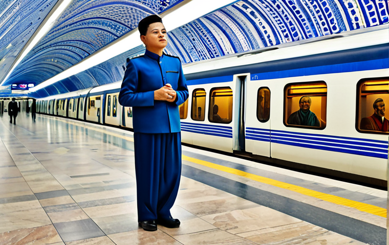 A solo adult traveler, fully clothed in modest, comfortable travel attire including a long-sleeved shirt and trousers, stands on a platform in the stunning Kosmonavtlar Metro Station in Tashkent, Uzbekistan. The station is depicted as a grand underground art gallery, featuring exquisite space-themed murals, elegant blue and white marble, and ornate lighting, emphasizing its artistic and historical grandeur. A modern train is visible in the background. Perfect anatomy, correct proportions, natural pose, well-formed hands, proper finger count, natural body proportions, professional photography, high resolution, realistic, vibrant colors, soft lighting, safe for work, appropriate content, fully clothed, family-friendly.