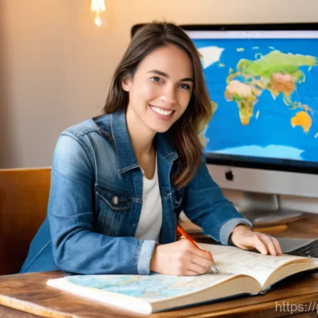우즈베키스탄 여성 여행자를 위한 안전 팁 - A solo female traveler in her late 20s to early 30s, sitting comfortably at a rustic wooden desk in ...