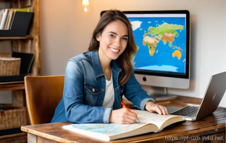 우즈베키스탄 여성 여행자를 위한 안전 팁 - A solo female traveler in her late 20s to early 30s, sitting comfortably at a rustic wooden desk in ...