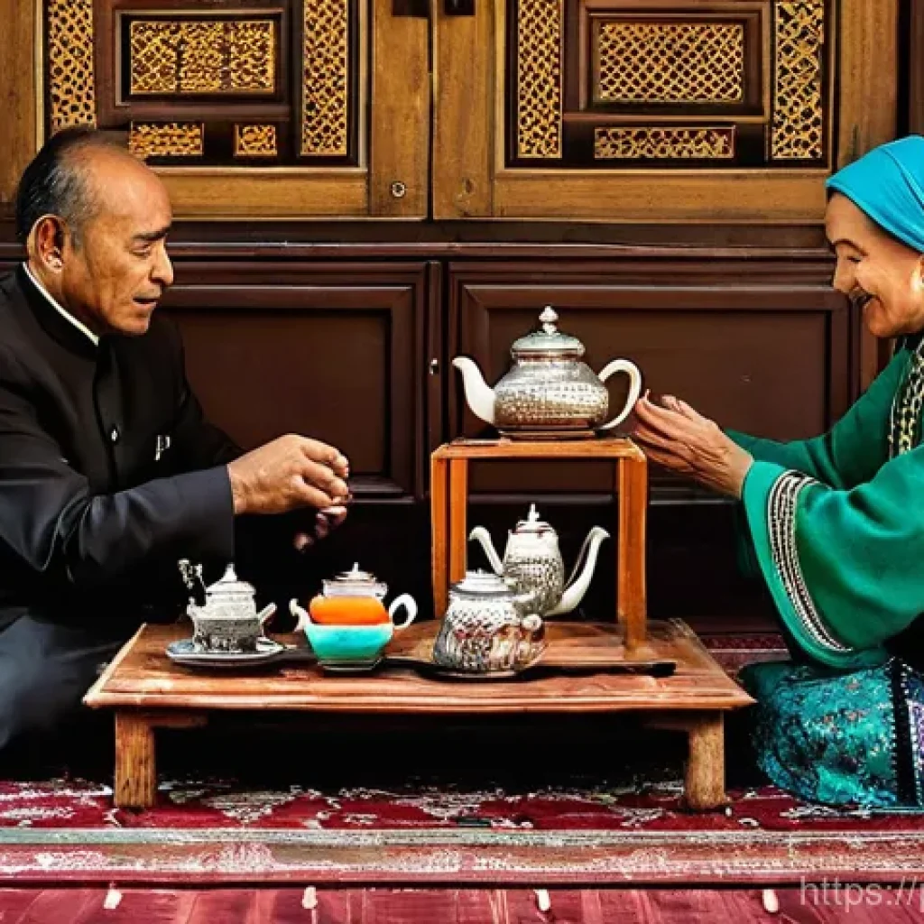우즈베키스탄 전통 차 문화 - **Uzbek Tea Ceremony in a Traditional Home:**
"A serene and inviting scene of a traditional Uzbe...