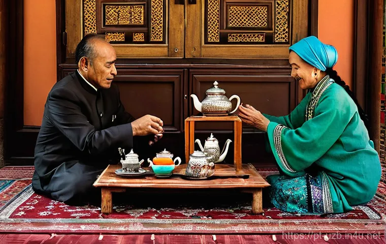 우즈베키스탄 전통 차 문화 - **Uzbek Tea Ceremony in a Traditional Home:**
"A serene and inviting scene of a traditional Uzbe...