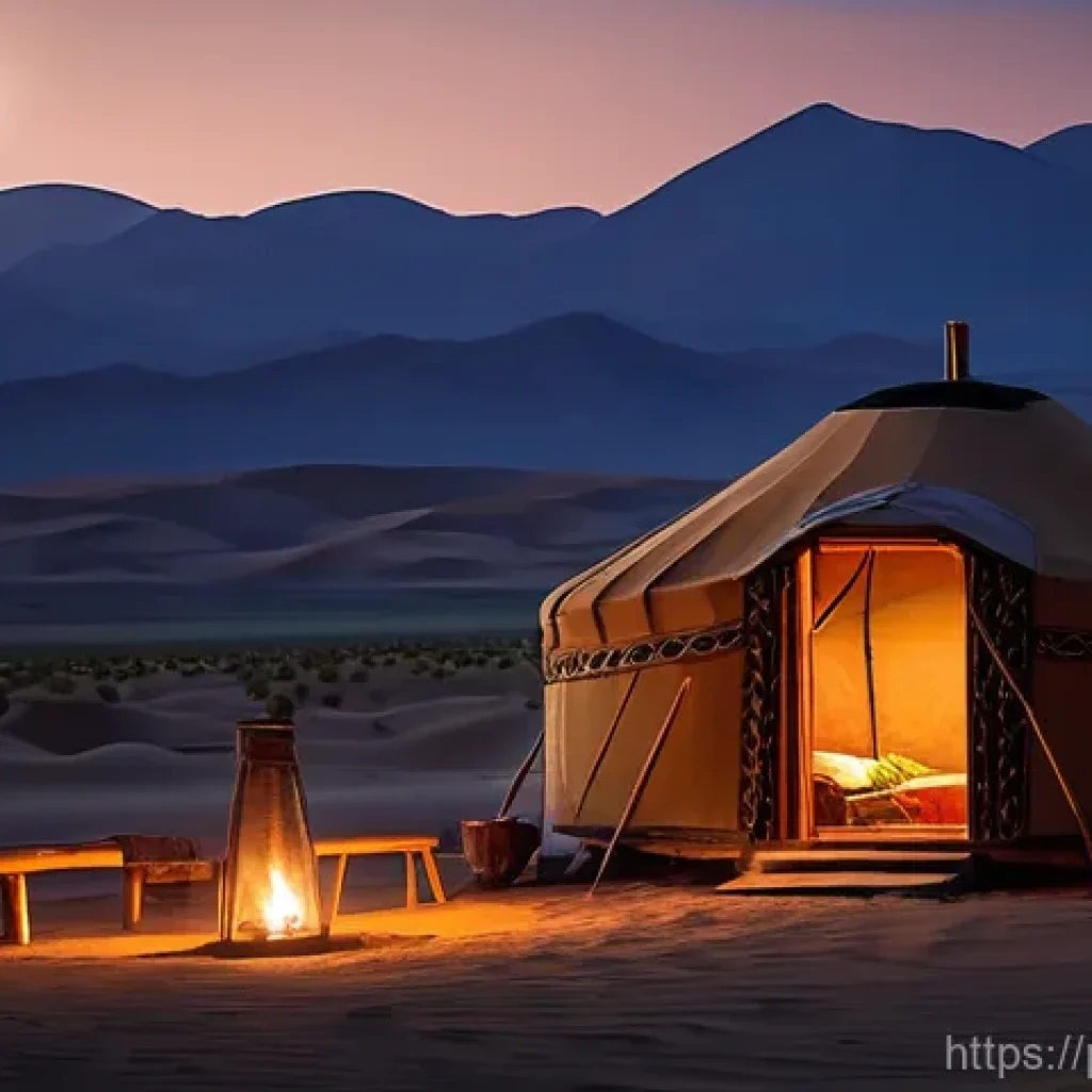 부하라에서의 하룻밤 유목민 체험 - **"A serene night scene at a nomadic yurt camp in the vast Kyzylkum Desert. Several traditional, rou...