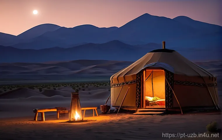 부하라에서의 하룻밤 유목민 체험 - **"A serene night scene at a nomadic yurt camp in the vast Kyzylkum Desert. Several traditional, rou...