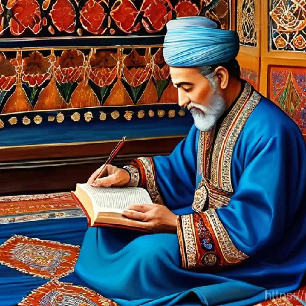 우즈베키스탄 전통 그림 및 예술 작품 - **Prompt 1: The Scholar's Miniature**
"A meticulously detailed Uzbek miniature painting depictin...