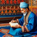 Home 22 우즈베키스탄 전통 그림 및 예술 작품 - **Prompt 1: The Scholar's Miniature**
"A meticulously detailed Uzbek miniature painting depictin...