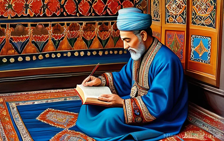 우즈베키스탄 전통 그림 및 예술 작품 - **Prompt 1: The Scholar's Miniature**
"A meticulously detailed Uzbek miniature painting depictin...