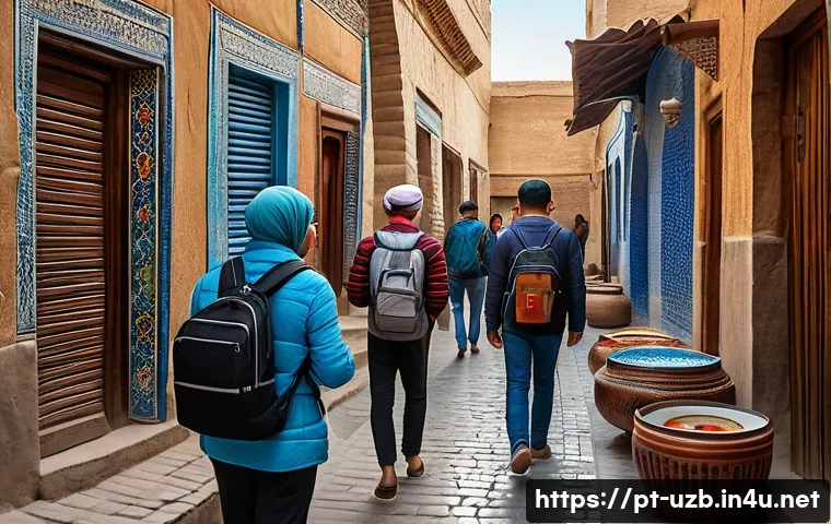 우즈베키스탄 관광 필수 앱 - A vibrant street scene in historic Samarkand, Uzbekistan, showing a diverse group of tourists using ...