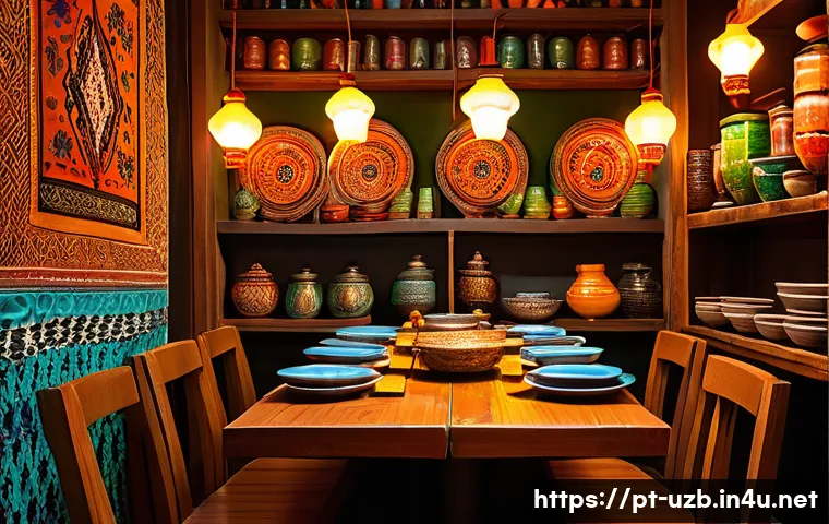 타슈켄트의 세계적 레스토랑 - A vibrant and cozy Uzbek restaurant interior in Tashkent, featuring colorful traditional textiles ha...
