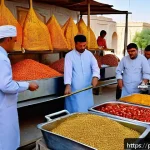 Home 18 우즈베키스탄 방문 시 주의해야 할 건강 정보 - A vibrant street food scene in Uzbekistan showcasing a bustling outdoor market with colorful stalls ...