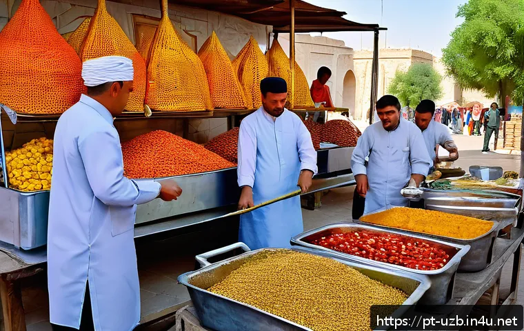 우즈베키스탄 방문 시 주의해야 할 건강 정보 - A vibrant street food scene in Uzbekistan showcasing a bustling outdoor market with colorful stalls ...