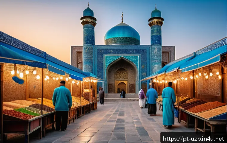 우즈베키스탄의 종교적 다양성 - A vibrant street scene in historic Samarkand at sunset, showcasing the architectural beauty of the B...