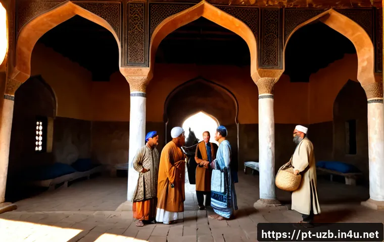 우즈베키스탄과 인도 간 역사적 관계 - Photorealistic historical scene of Uzbek and Indian silk road merchants meeting at a sunlit caravans...