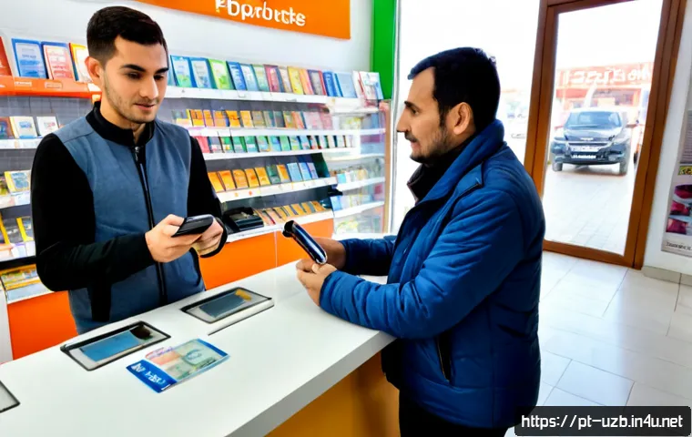우즈베키스탄에서의 스마트폰 유심 구매 방법 - Photorealistic travel scene inside a bright modern mobile phone shop in Tashkent, Uzbekistan, a Port...